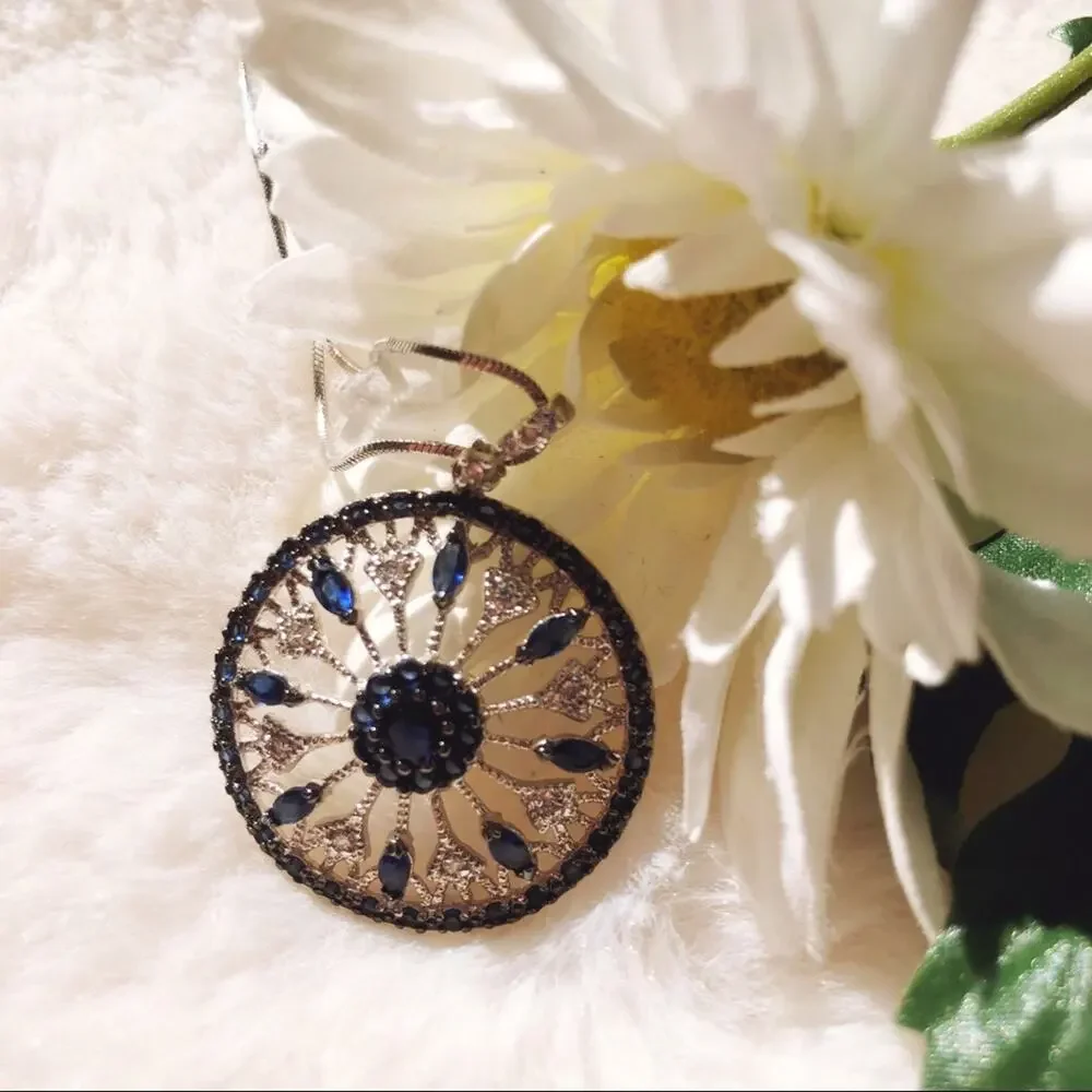 Blue and Silver Circle Flower Outline Necklace - Picture 2 of 11